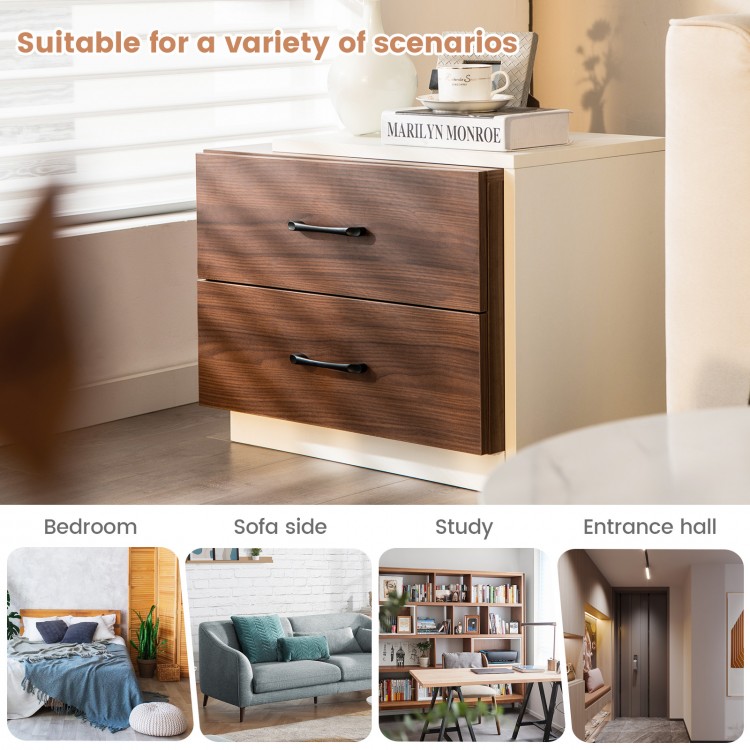 Modern nightstand with two drawers in brown, offering ample storage and a compact design for versatile use in various.